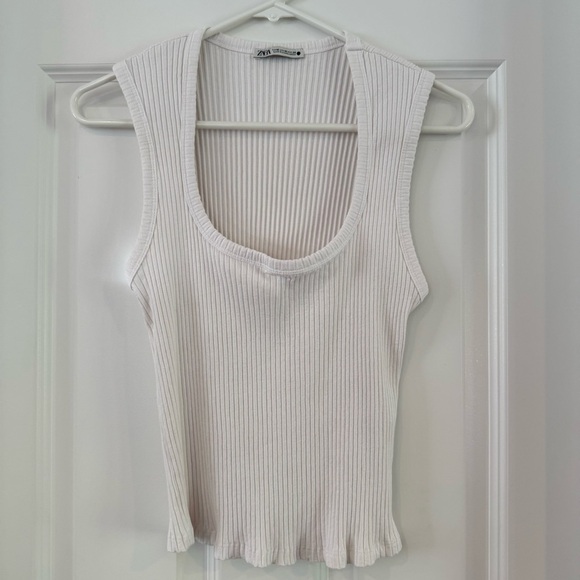 Zara Ribbed White Cotton Blend Tank Top Size M - Picture 2 of 8